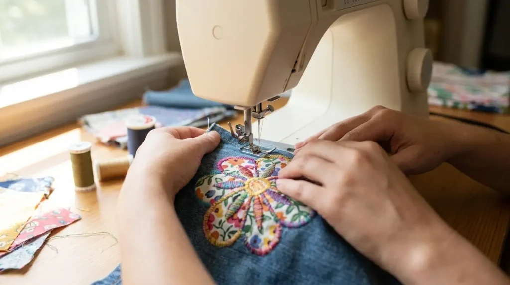 Mains cousant un appliqué floral coloré cerné d'un point de bourdon sur du denim