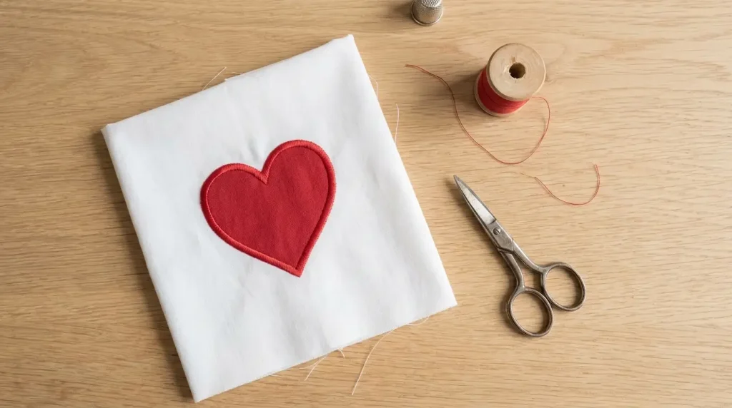 Appliqué en forme de cœur rouge cerné d'un point de bourdon net sur du tissu blanc