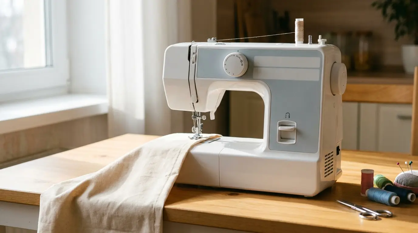 Machine à coudre compacte blanche premier prix sur une table lumineuse, cousant du tissu clair
