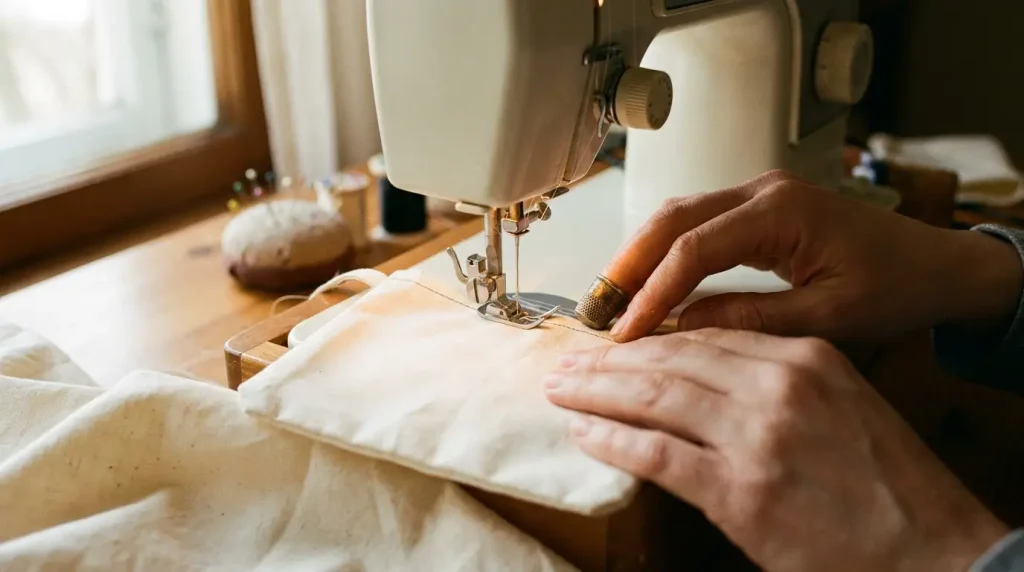 Mains guidant un tissu de coton clair sous le pied d'une machine à coudre simple