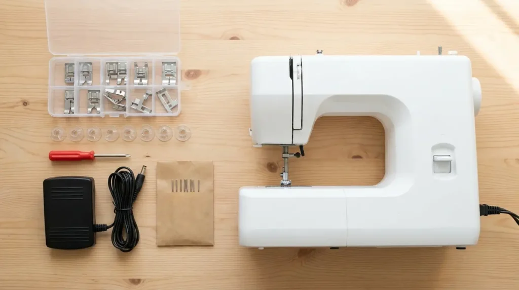 Kit d'accessoires livré avec une machine à coudre premier prix : pieds, canettes, pédale et outils