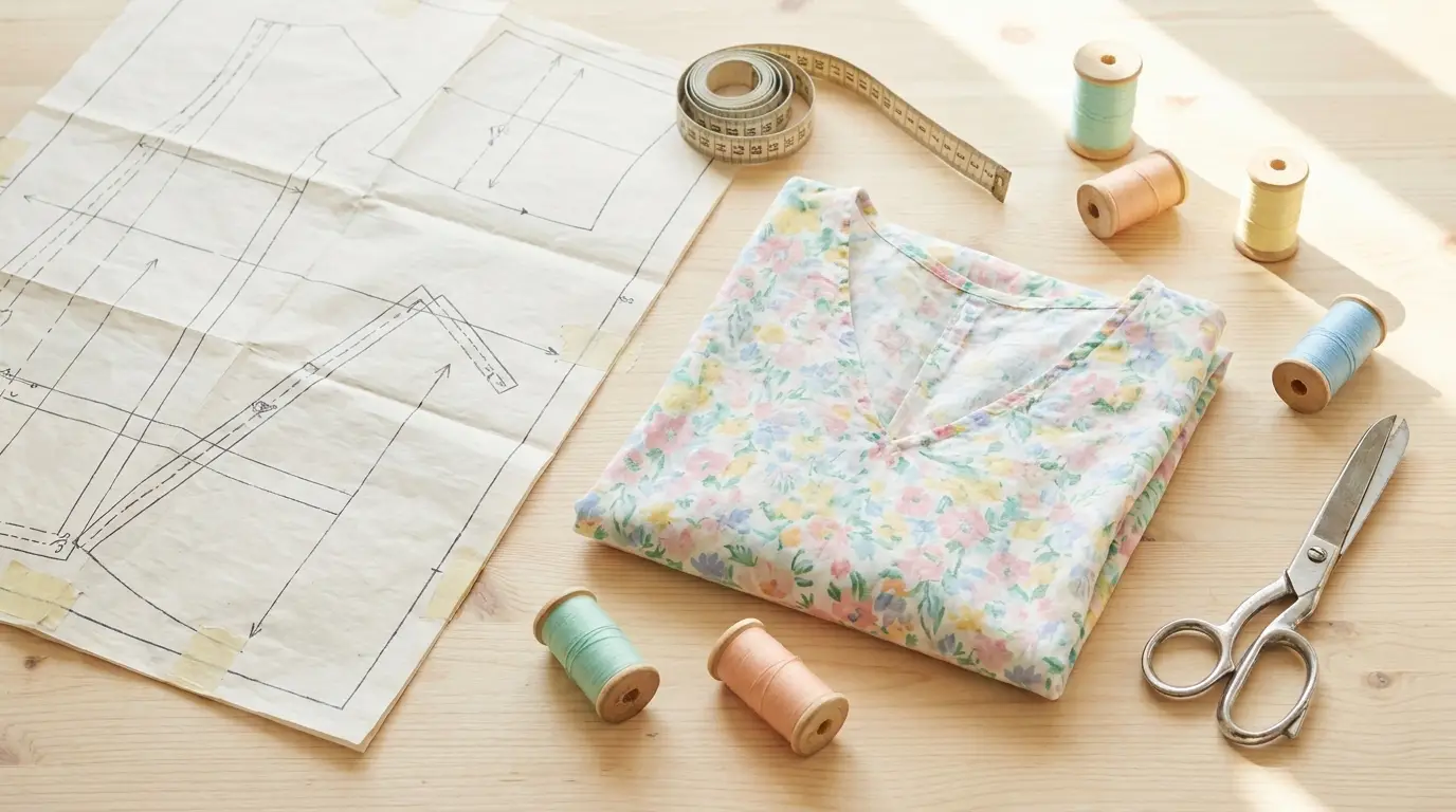 Robe d'été cousue main pliée à côté de feuilles de patron imprimées, mètre ruban et ciseaux