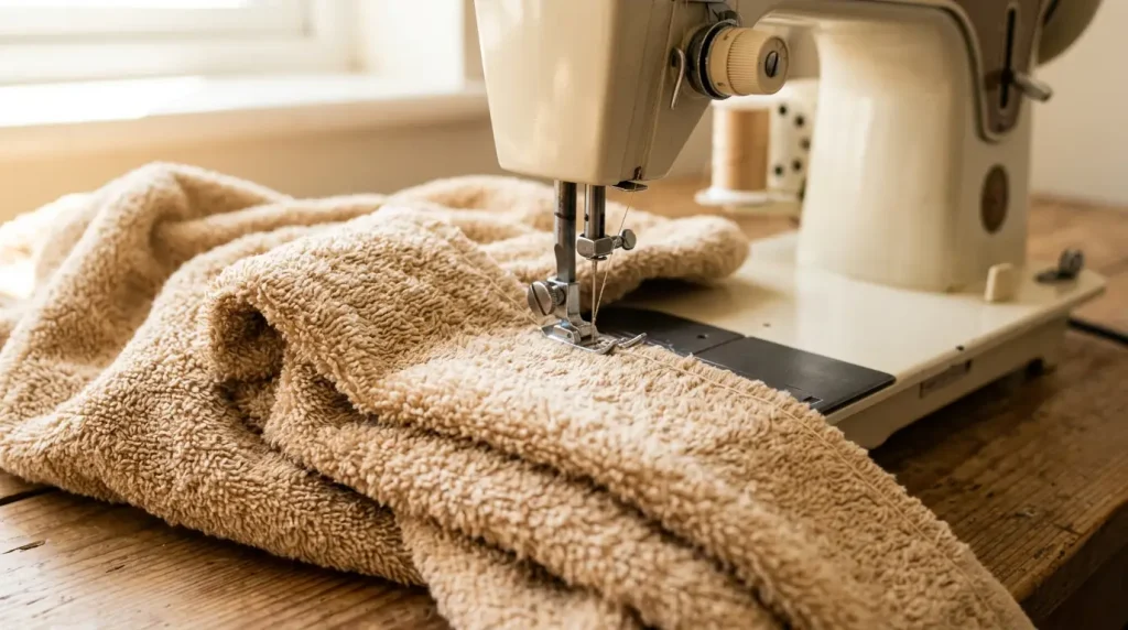 Gros plan sur du tissu éponge beige à la texture bouclée, cousu sous un pied de machine