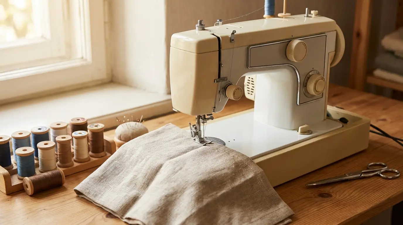 Machine à coudre robuste de couleur crème sur une table d'atelier, cousant une couture nette