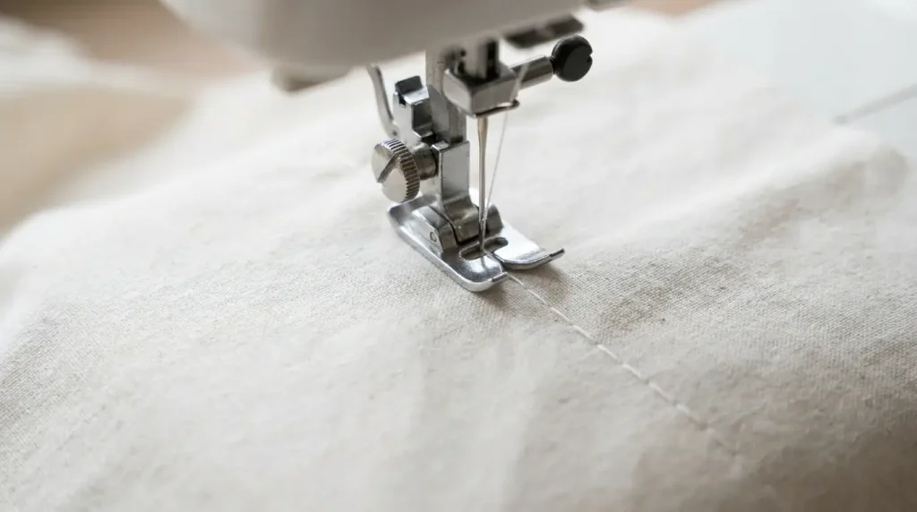 Gros plan d'un point droit très régulier cousu sur du tissu clair