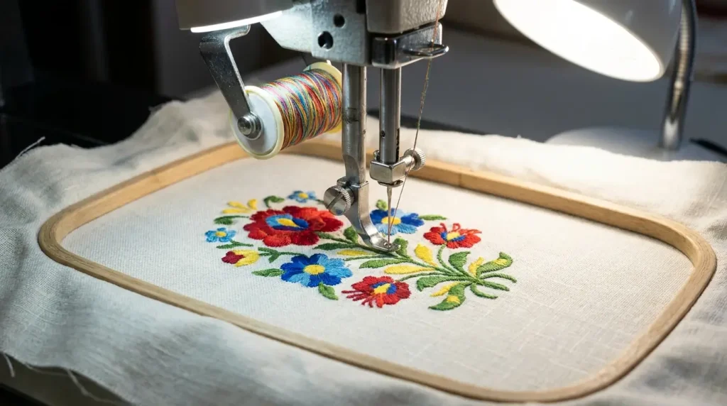 Machine à broder cousant un motif floral coloré dans un cadre rectangulaire