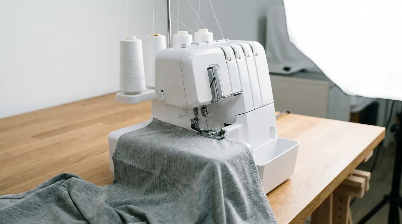 Surjeteuse premium blanche avec cônes de fil, surjetant un tissu jersey gris sur une table
