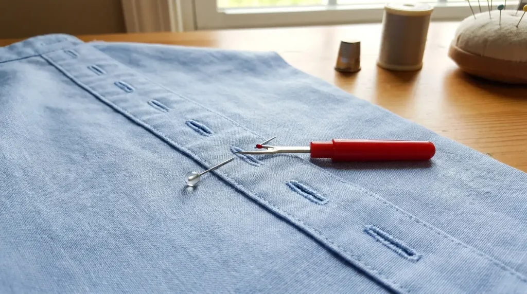 Rangée de boutonnières finies sur une patte de chemise, avec découd-vite et épingle