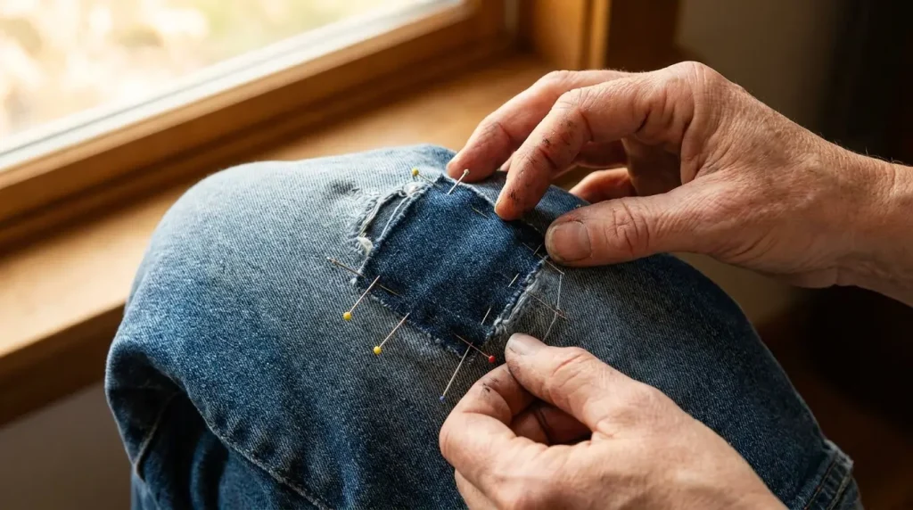 Envers d'un jean : une pièce de denim épinglée derrière un trou, prête à renforcer
