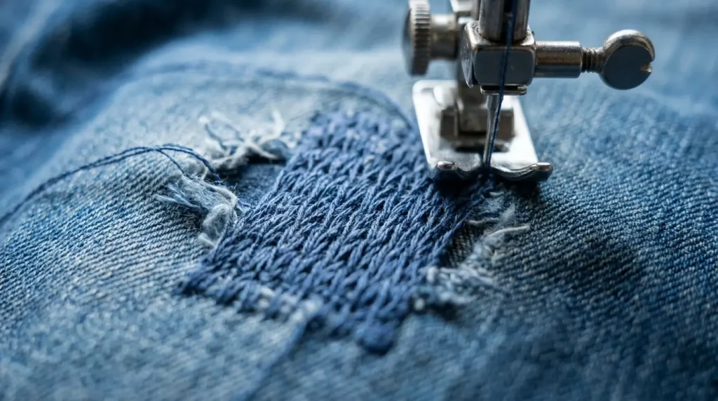 Gros plan d'un reprisage au fil bleu assorti sur du denim, points serrés