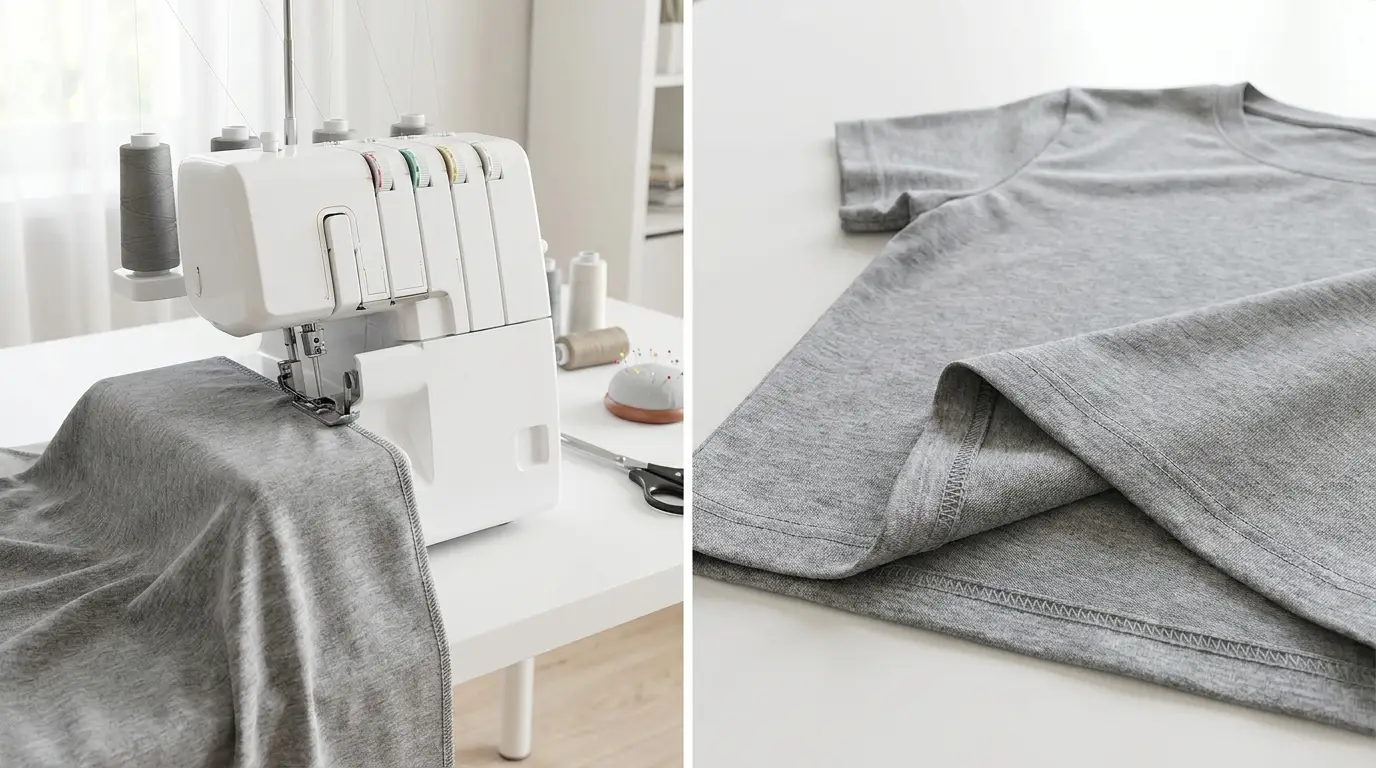 À gauche une surjeteuse surjetant du jersey gris, à droite un t-shirt à l'ourlet double aiguille