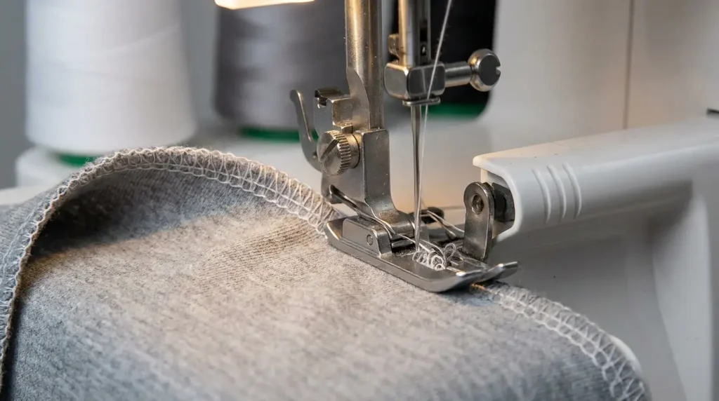 Surjeteuse en action, son couteau coupant le bord d'un tissu jersey gris