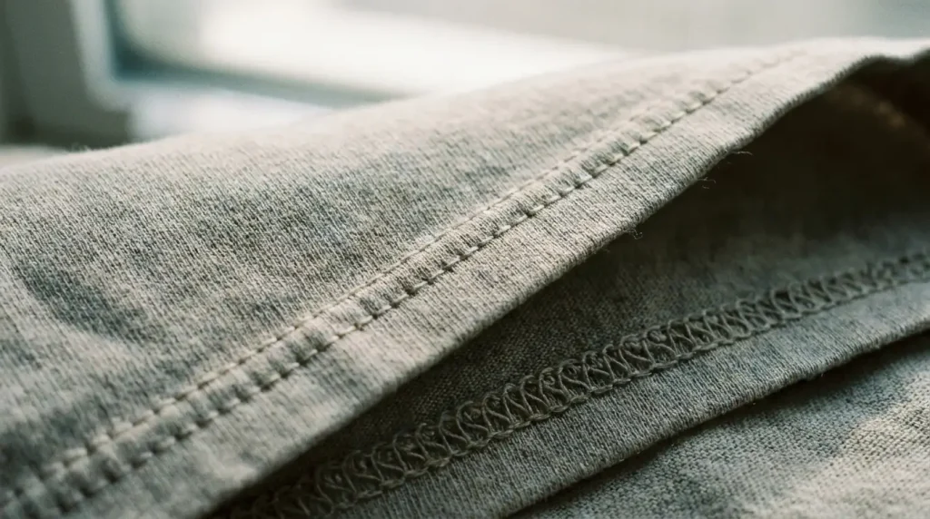 Gros plan de l'ourlet d'un t-shirt avec la double piqûre parallèle du point de recouvrement
