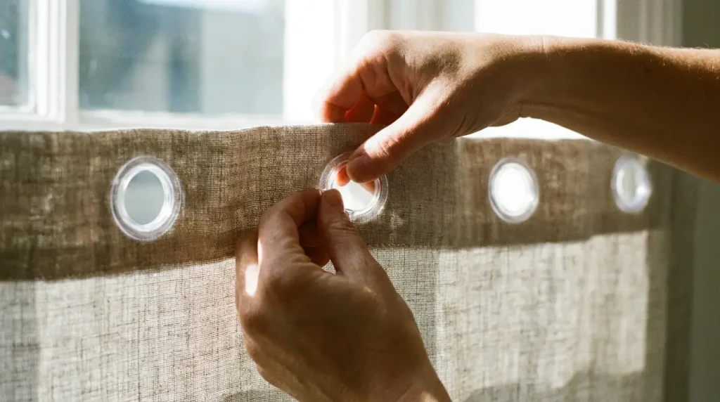 Mains clipsant un œillet plastique dans la tête d'un rideau, œillets régulièrement espacés