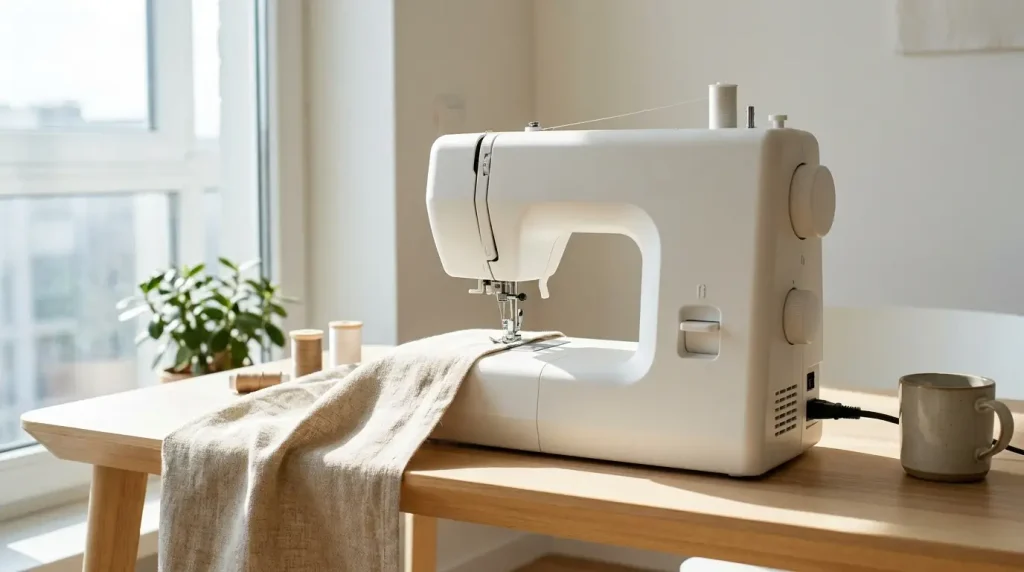 Machine à coudre moderne blanche au design épuré, cousant un tissu sur une table claire