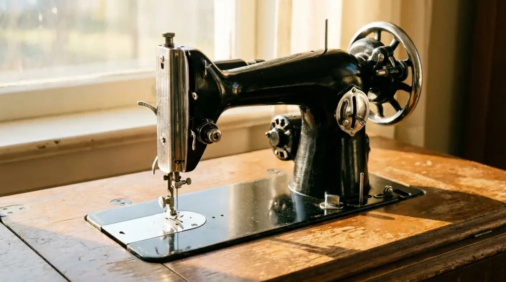 Machine à coudre vintage tout en métal noir laqué et chrome, sur une table en bois