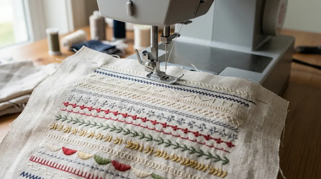 Échantillon de tissu montrant de nombreux points de couture différents cousus en rangées