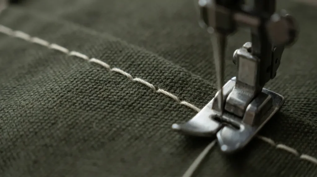 Gros plan d'un point droit très régulier sur un tissu ferme, qualité de couture industrielle