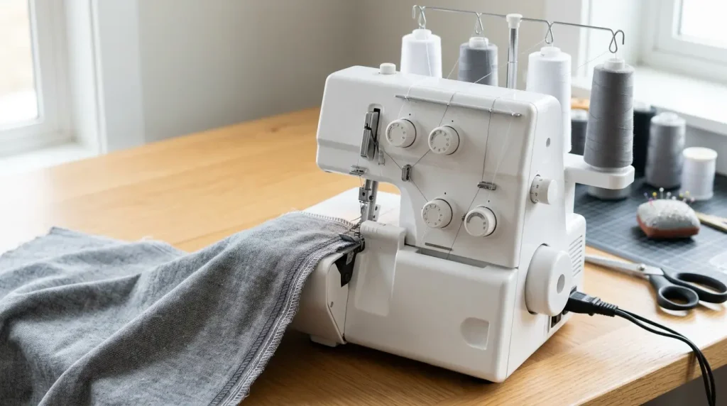 Surjeteuse blanche avec cônes de fil surjetant le bord d'un tissu gris