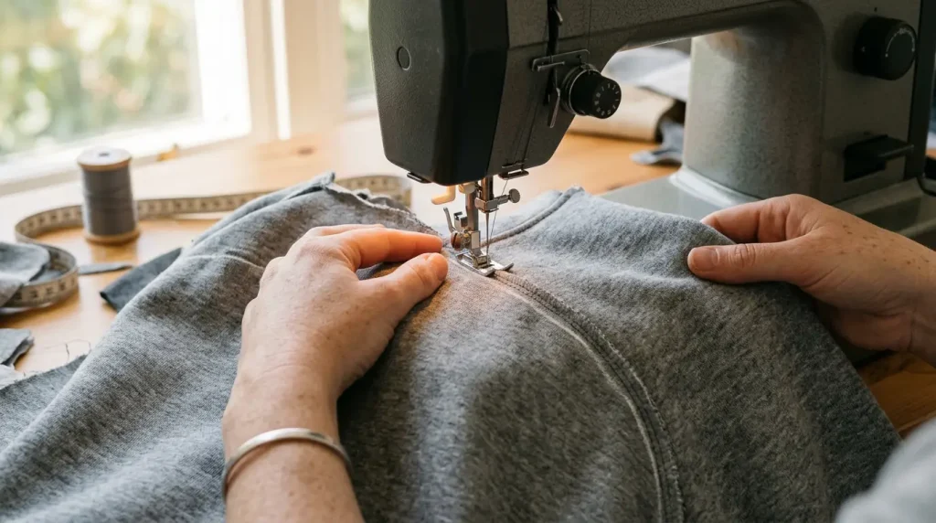 Deux pièces de capuche en molleton gris cousues ensemble le long de la couture arrière