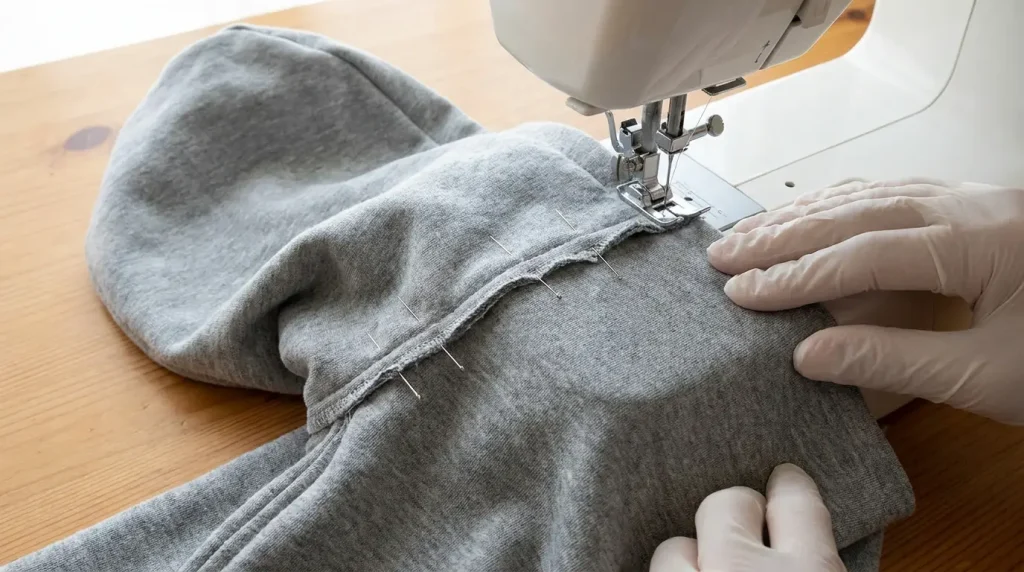 Capuche cousue épinglée sur l'encolure d'un sweat gris, endroit contre endroit, sous la machine