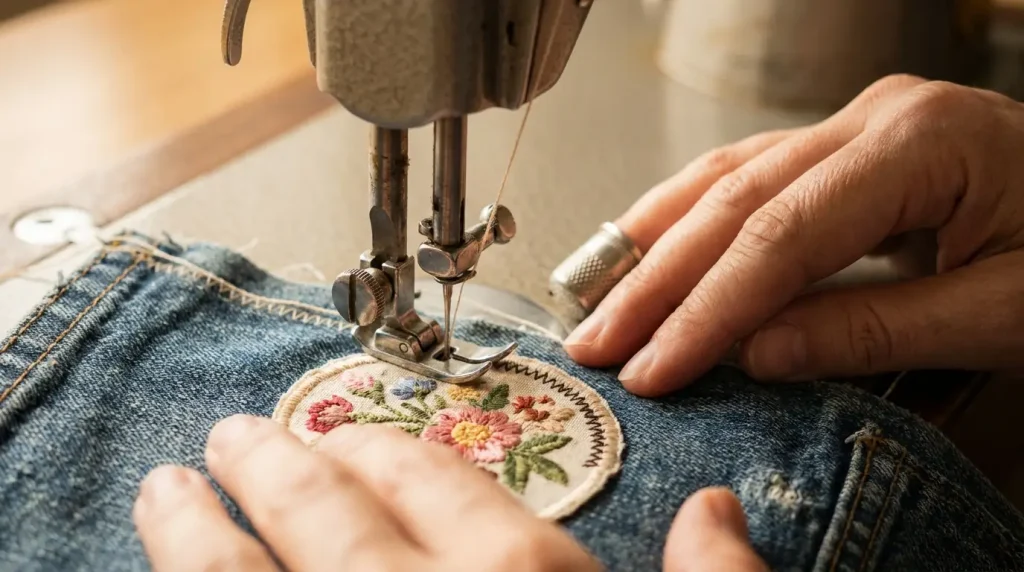 Machine à coudre surpiquant un zigzag serré autour d'un écusson brodé sur du denim