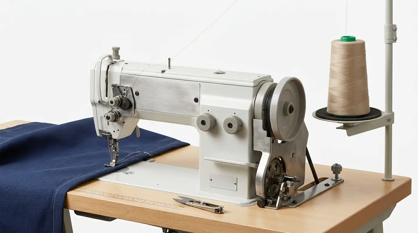 Machine à coudre robuste au design industriel, avec cône de fil, cousant une toile bleu marine