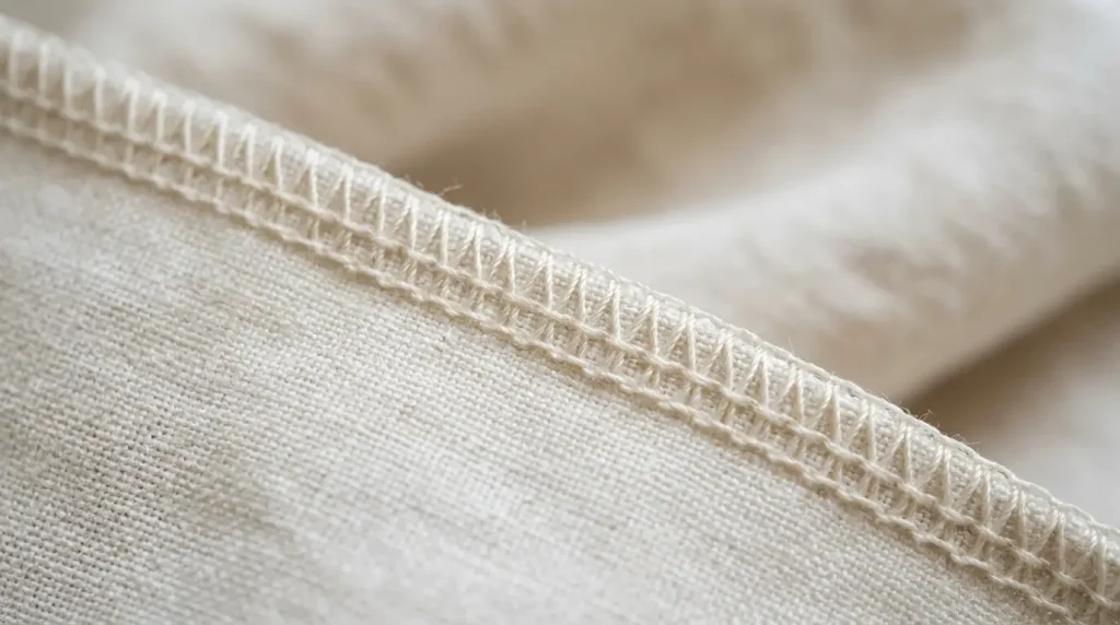 Gros plan d'un bord surjeté net et régulier sur un tissu clair