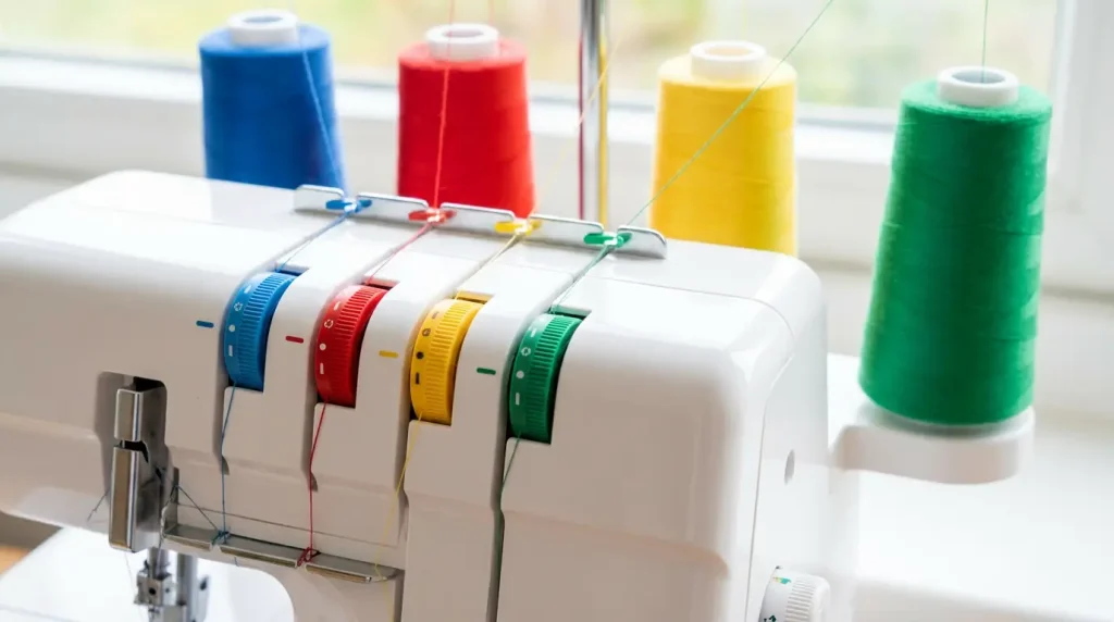 Zone d'enfilage d'une surjeteuse avec molettes de tension à code couleur et cônes de fil