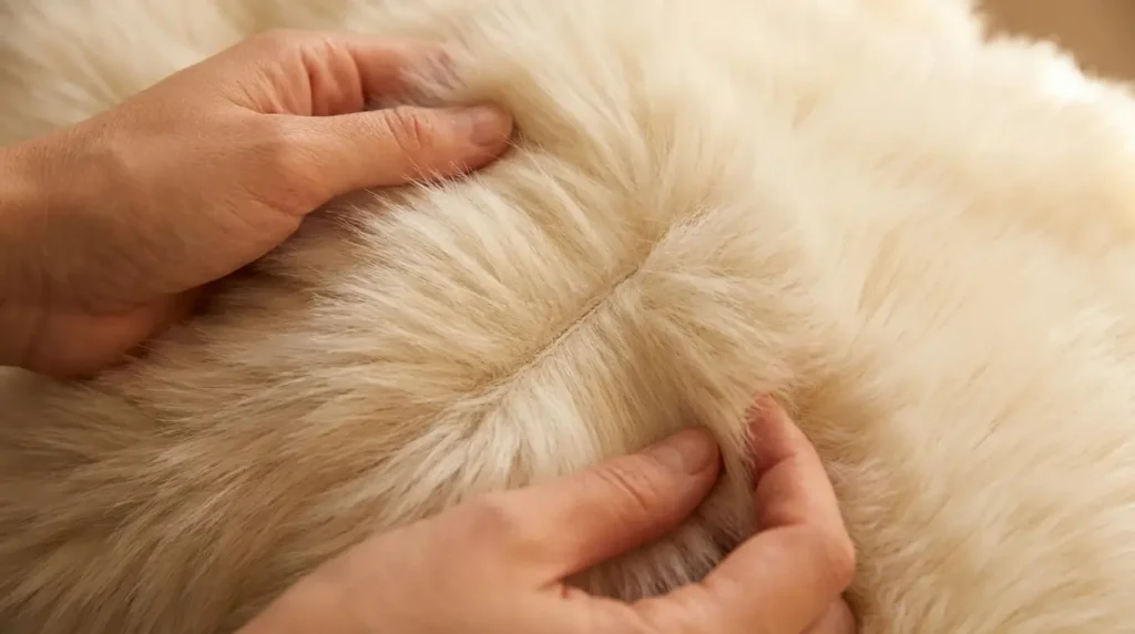 Mains écartant les poils d'une fausse fourrure crème pour révéler une couture invisible