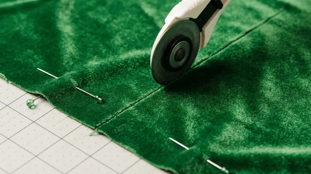 Velours vert coupé en simple épaisseur au cutter rotatif sur un tapis, maintenu par des épingles