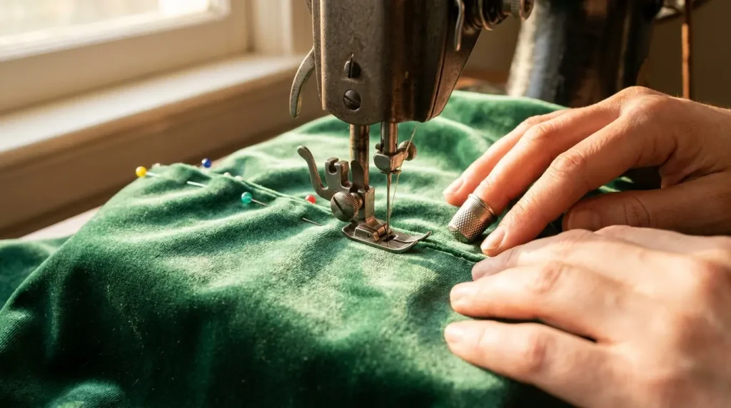 Machine à coudre piquant une couture sur du velours vert, épingles dans la marge
