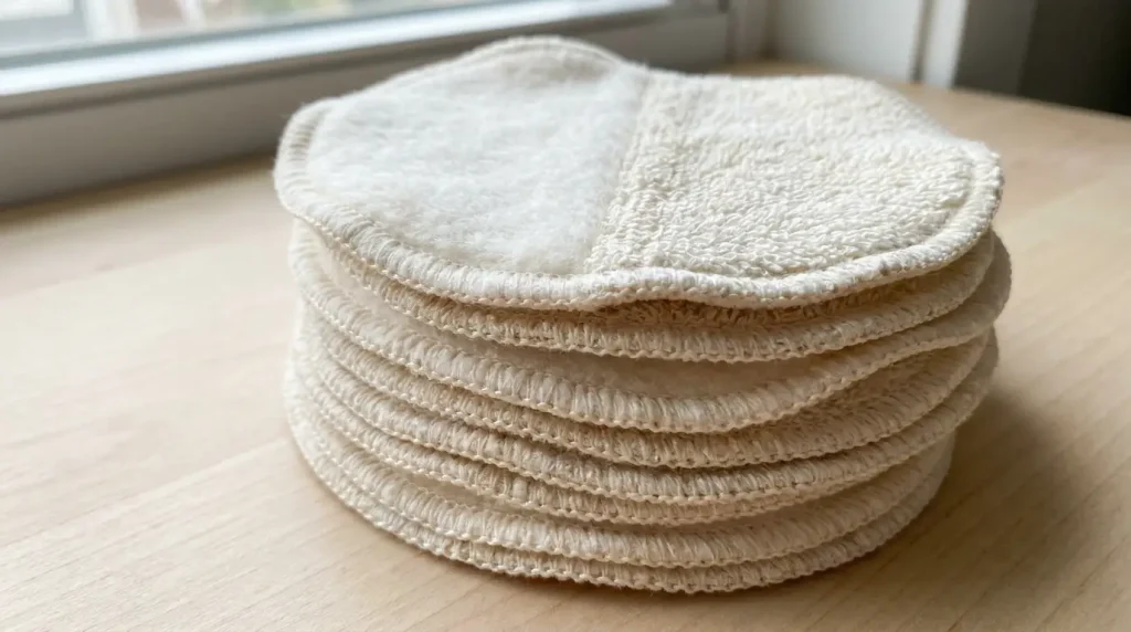 Pile de lingettes démaquillantes lavables rondes, un côté coton un côté éponge