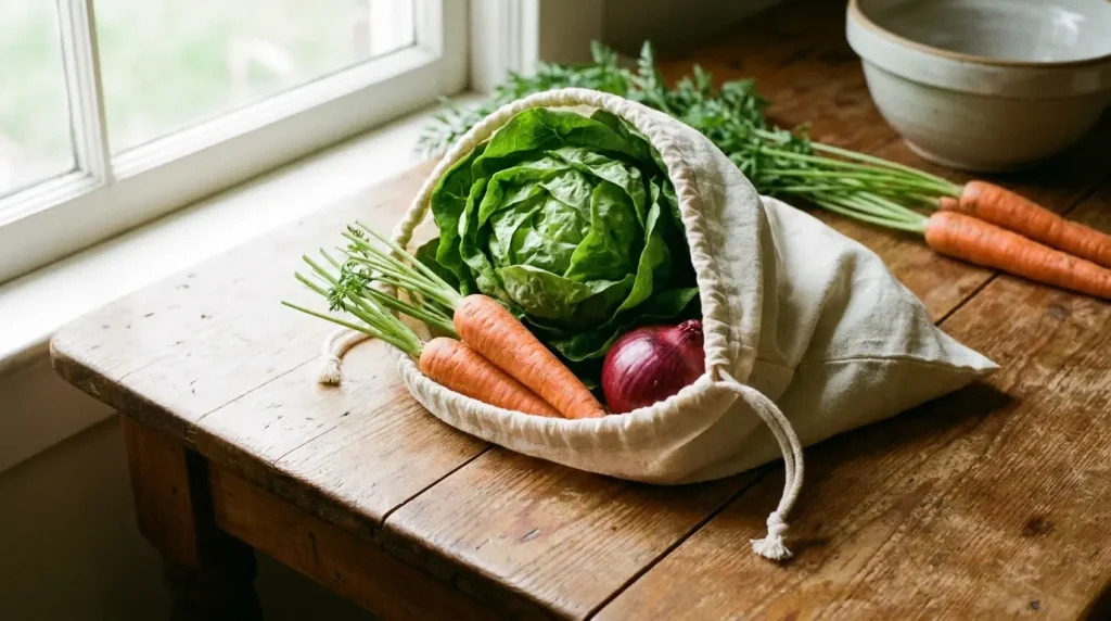 Sac à vrac en coton à cordon rempli de légumes sur une table de cuisine