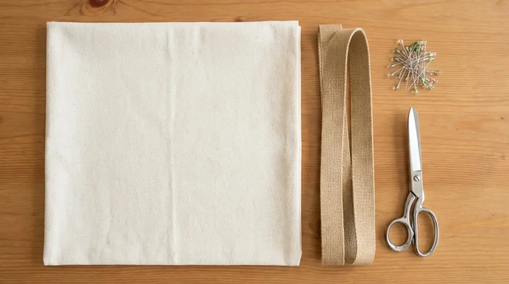 Rectangle de toile de coton naturel à côté de deux sangles, ciseaux et épingles