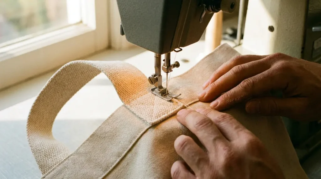Machine à coudre surpiquant un carré renforcé croisé pour fixer une anse de tote bag