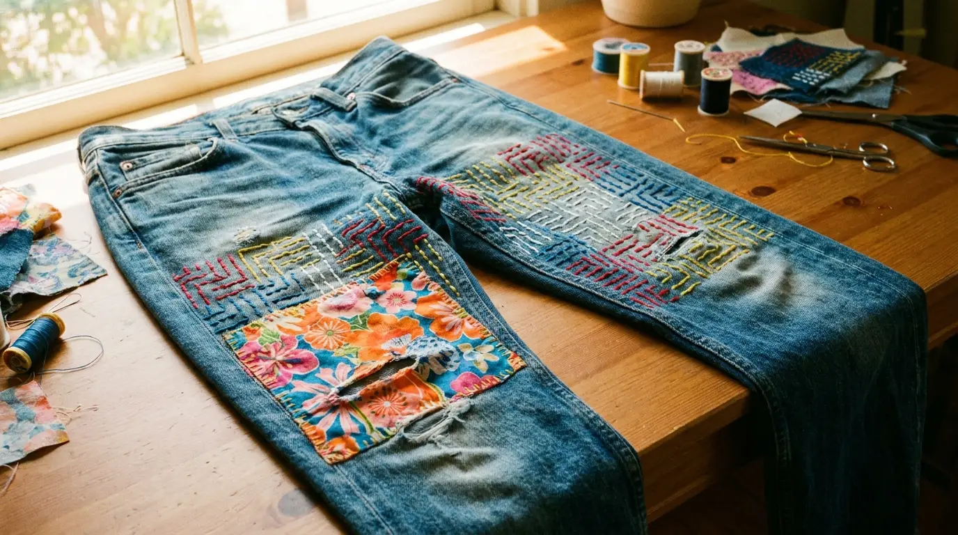 Jean orné de visible mending : sashiko coloré et patch fleuri sur une zone usée