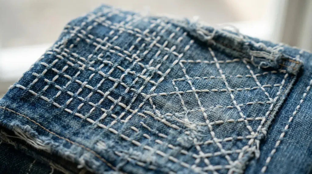 Broderie sashiko en fil blanc formant des motifs géométriques sur du denim indigo