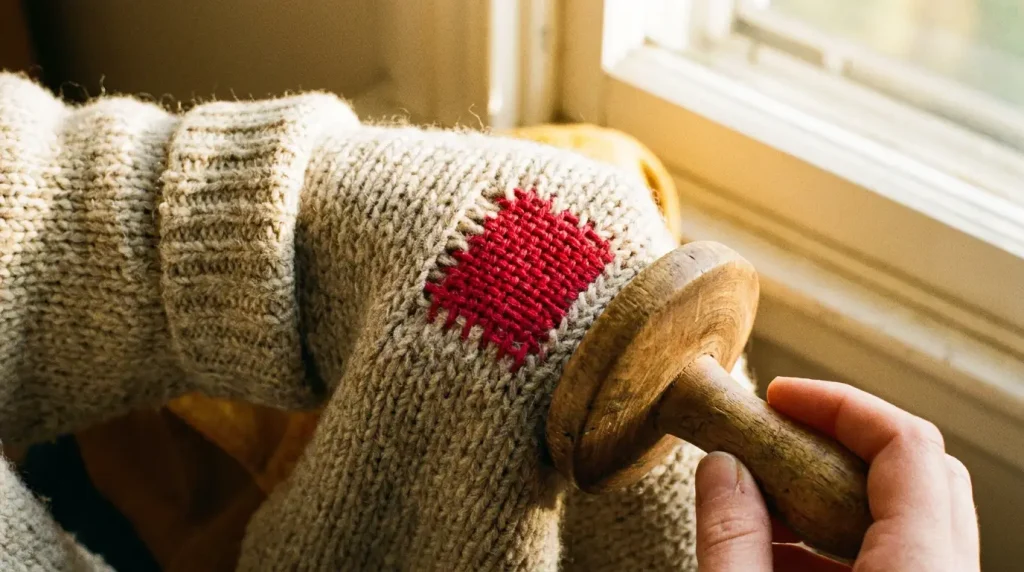Trou d'un pull en laine reprisé en fil de couleur vive tissé, sur un œuf à repriser