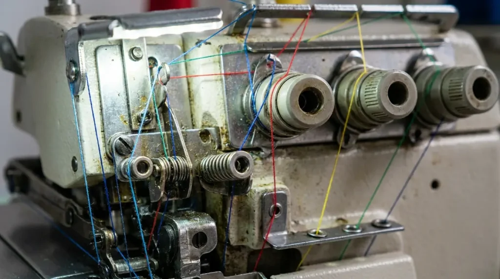 Fils de couleur logés entre les disques de tension d'une surjeteuse